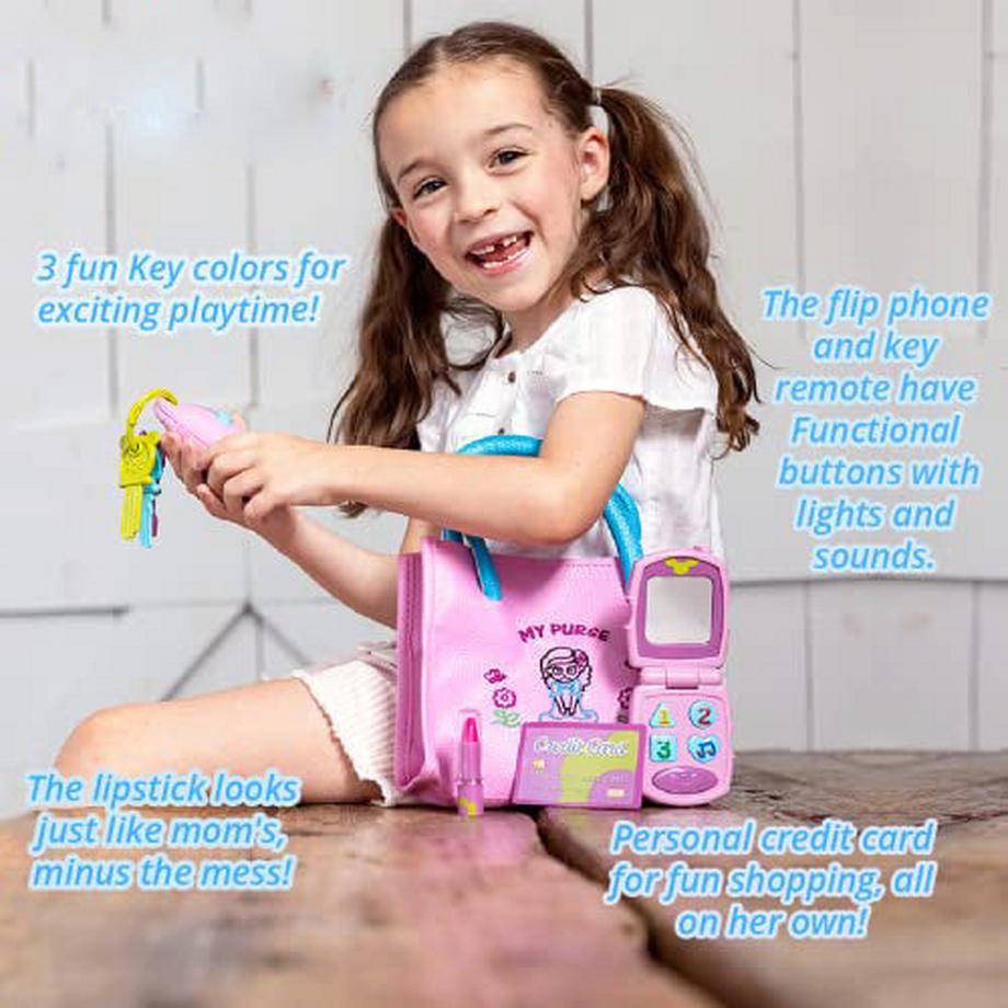 Activity-board  Ensemble princesse pour filles avec sac à main, téléphone à clapet, télécommande lumineuse avec clés, rouge à lèvres, carte de crédit pour enfants - jouets de jeu de rôle 