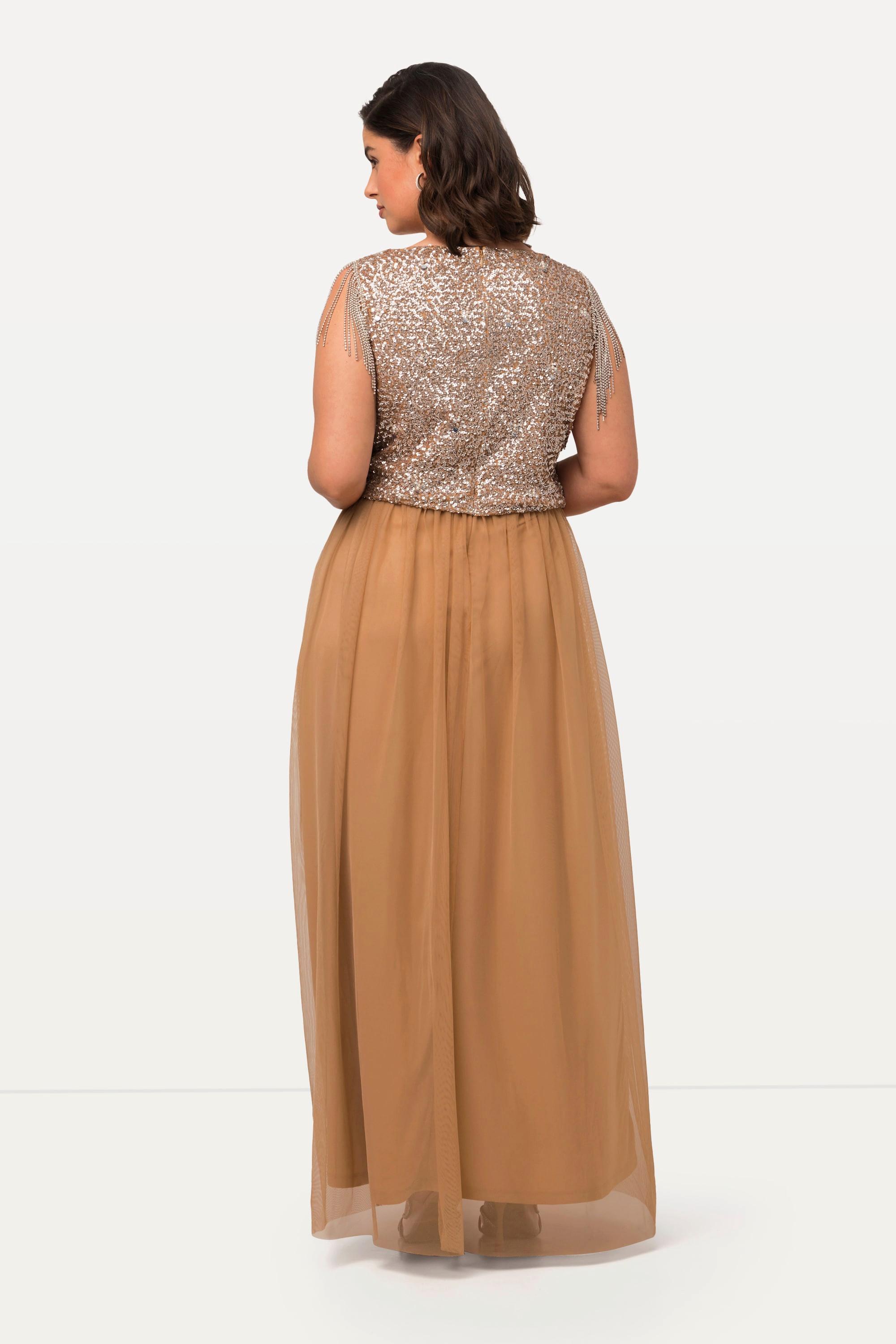 Ulla Popken Maxikleid Pailletten V-Ausschnitt ärmellos  