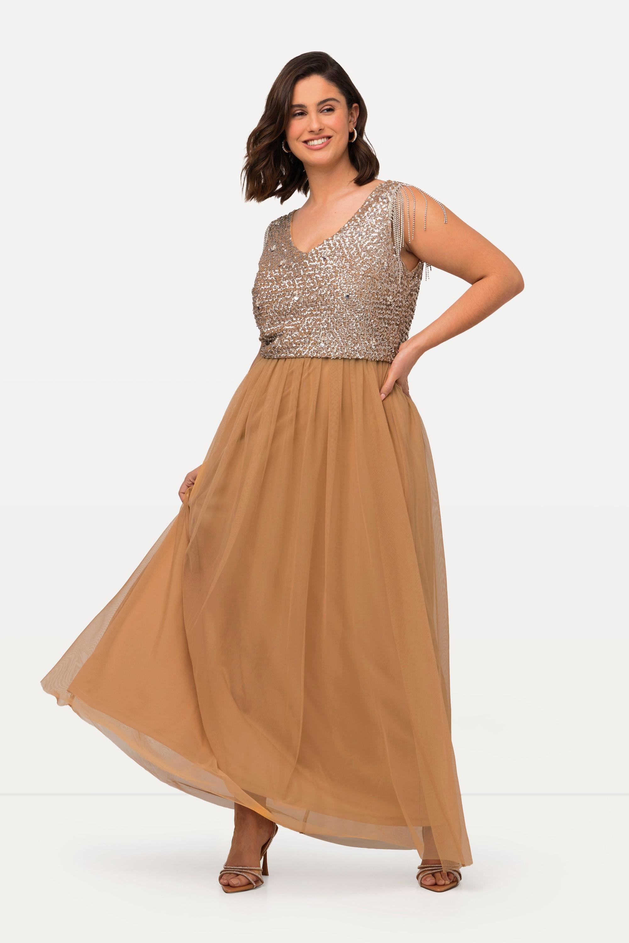 Ulla Popken Maxikleid Pailletten V-Ausschnitt ärmellos  