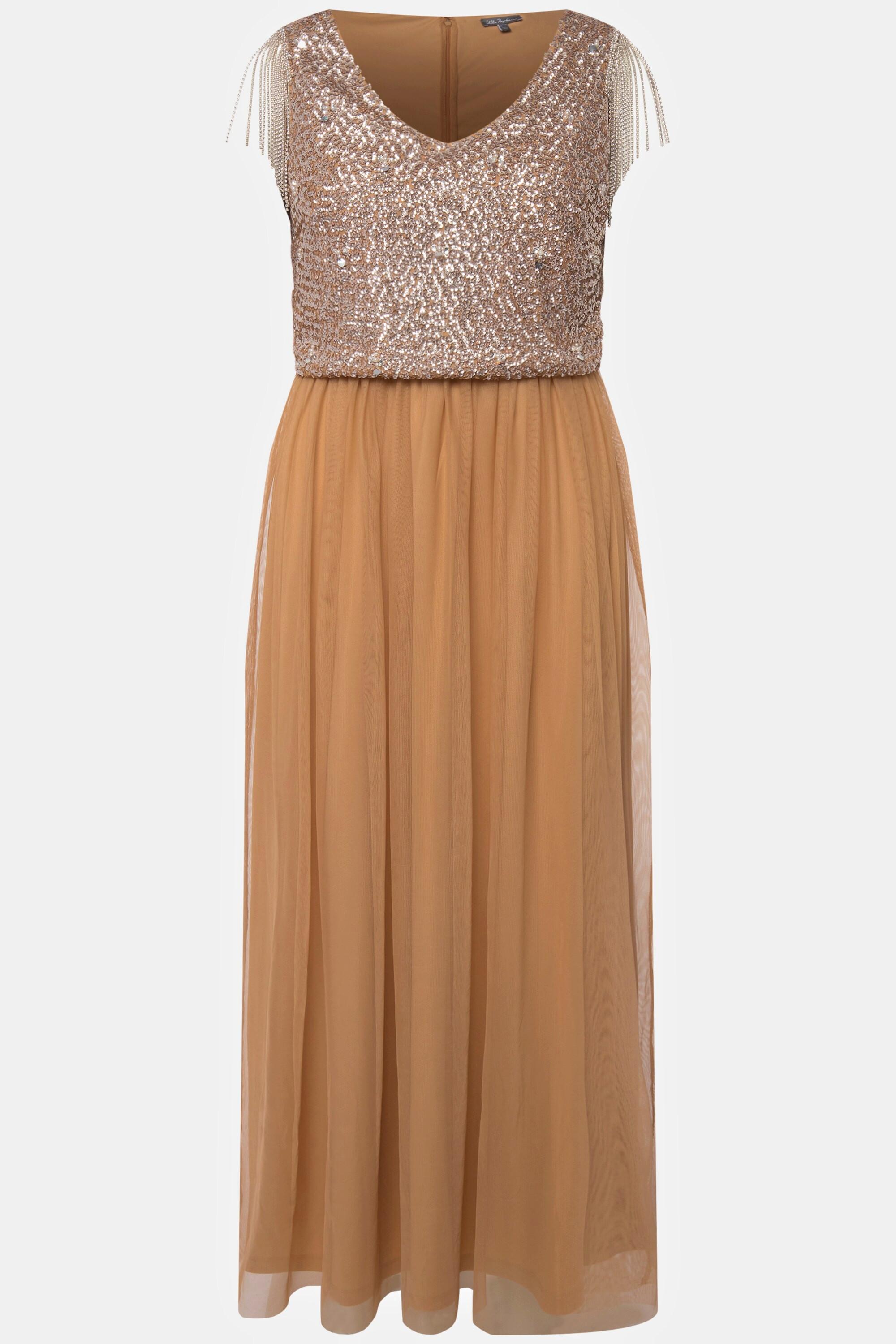 Ulla Popken Maxikleid Pailletten V-Ausschnitt ärmellos  