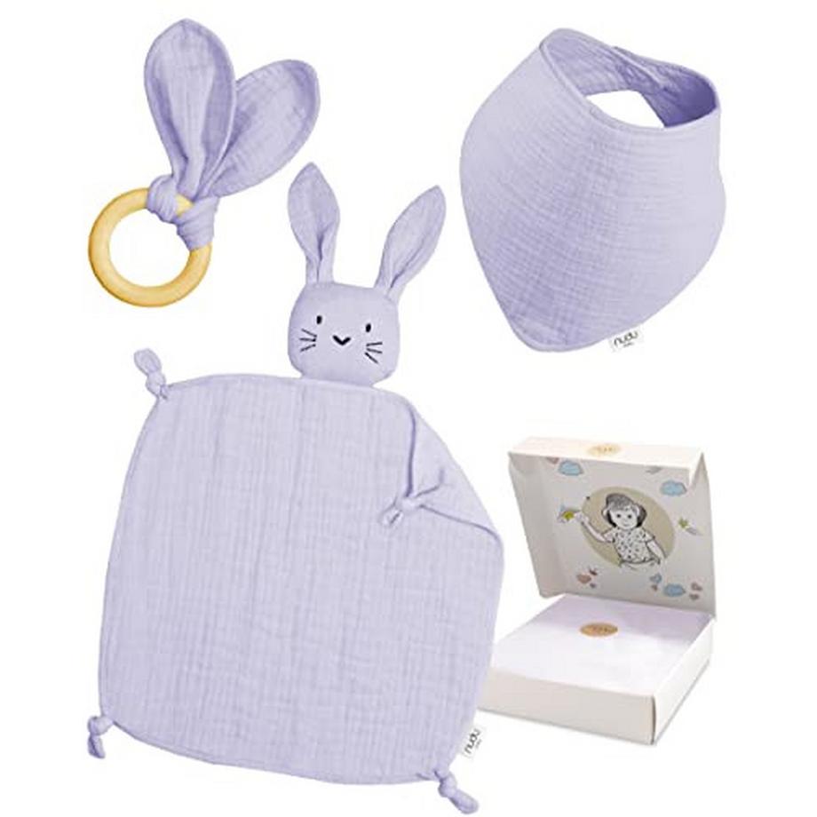Bébé - Coffret cadeau - Doudou - Bavoir - Anneau de dentition - 100% coton - Mousseline - Cadeaux de naissance - Cadeau bébé garçon - Bleu