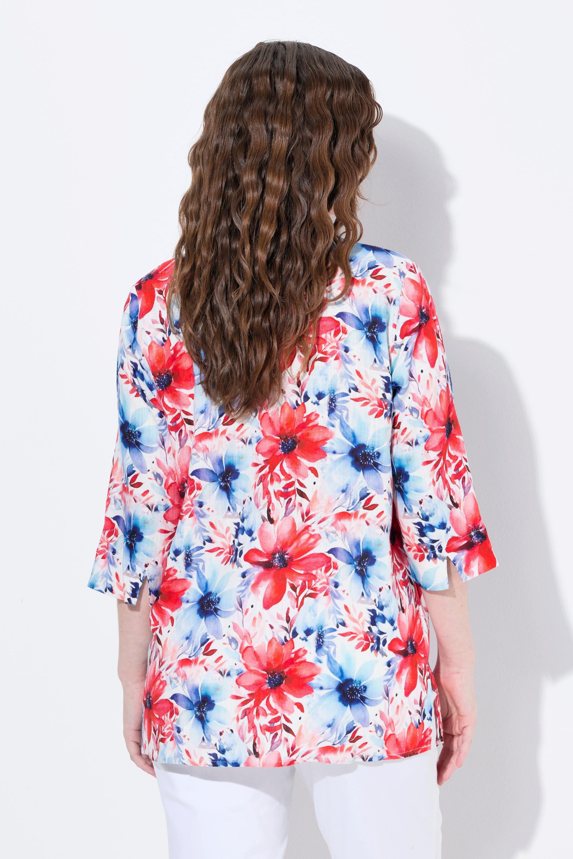 Ulla Popken Blusa Misto Lino Taglio Svasato Scollo a Tunica Maniche 3/4 Floreale  