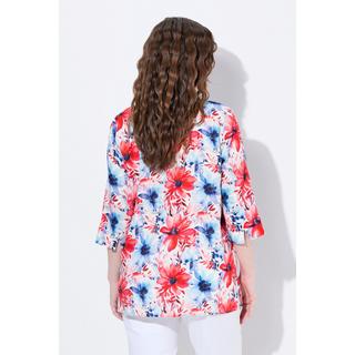 Ulla Popken Blusa Misto Lino Taglio Svasato Scollo a Tunica Maniche 3/4 Floreale  