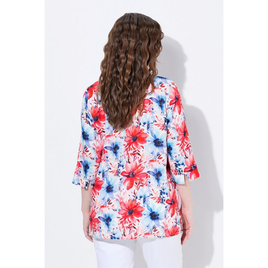 Ulla Popken Leinenmix A-Linie Tunika Bluse 3/4 Arm Floral  