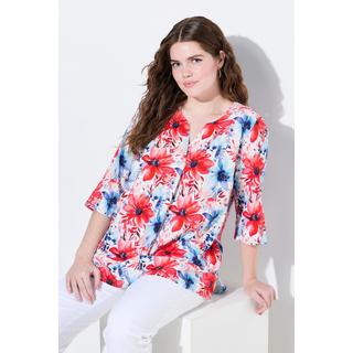 Ulla Popken Blusa Misto Lino Taglio Svasato Scollo a Tunica Maniche 3/4 Floreale  
