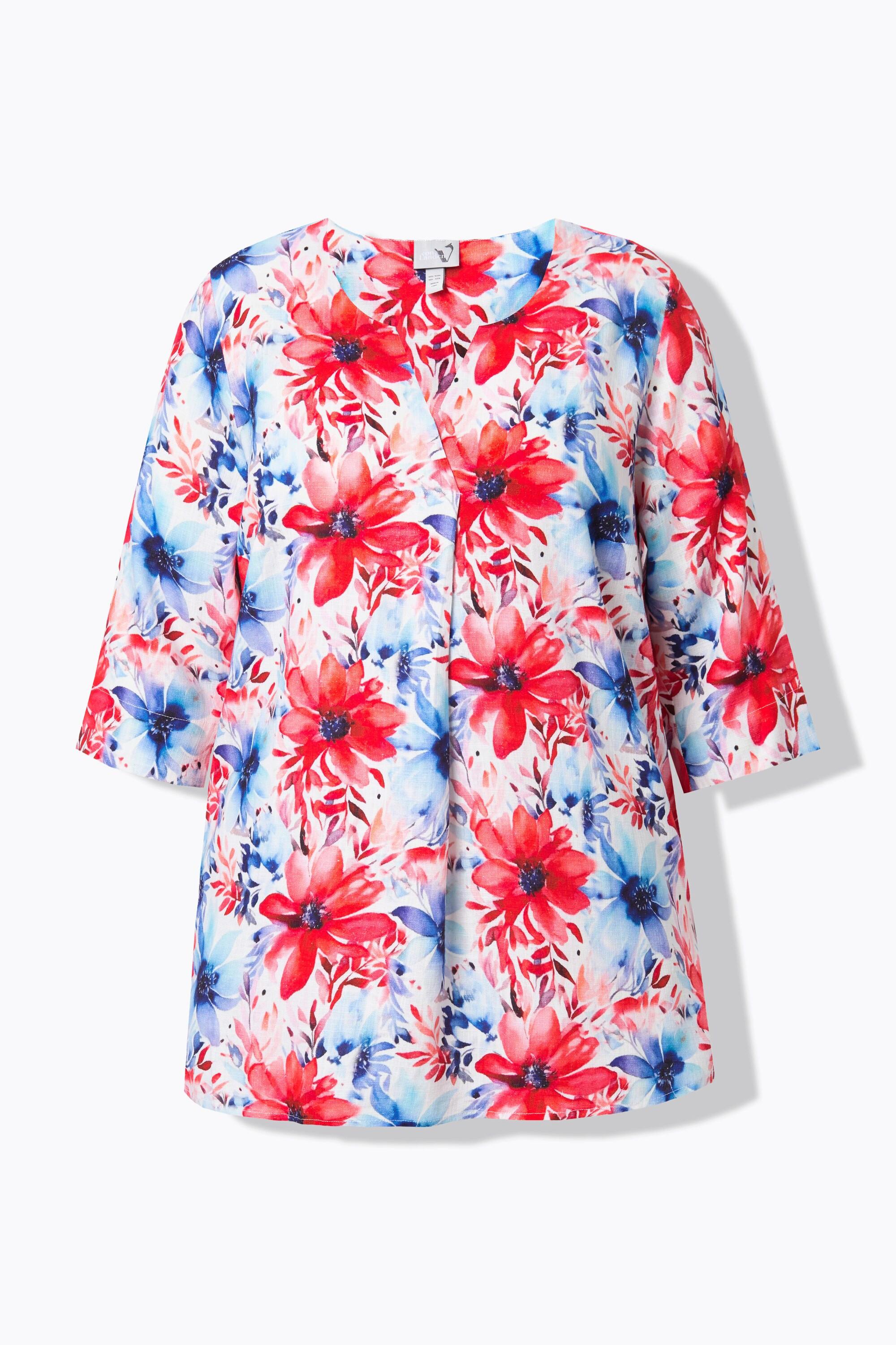 Ulla Popken Blusa Misto Lino Taglio Svasato Scollo a Tunica Maniche 3/4 Floreale  