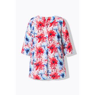 Ulla Popken Blusa Misto Lino Taglio Svasato Scollo a Tunica Maniche 3/4 Floreale  