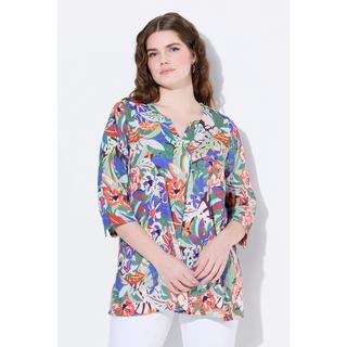 Ulla Popken Blusa Misto Lino Taglio Svasato Scollo a Tunica Maniche 3/4 Floreale  