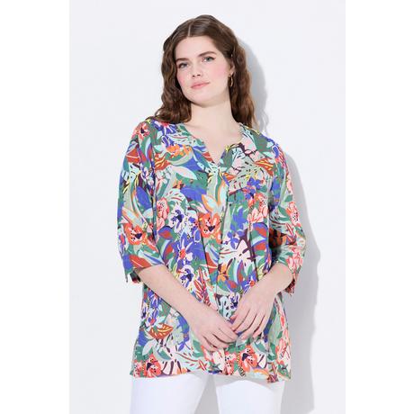 Ulla Popken Blusa Misto Lino Taglio Svasato Scollo a Tunica Maniche 3/4 Floreale  