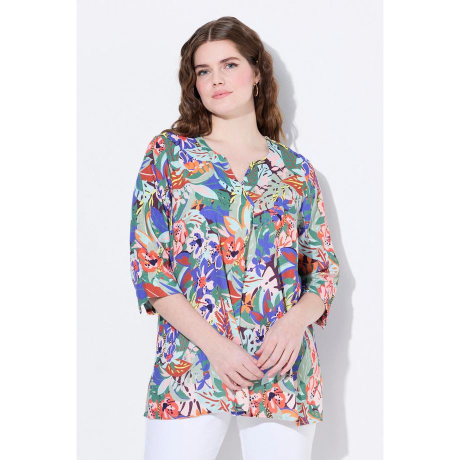 Ulla Popken Leinenmix A-Linie Tunika Bluse 3/4 Arm Floral  