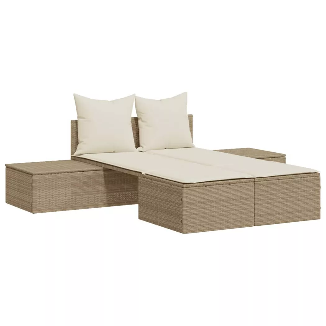 vidaXL Doppel-Sonnenliege mit Auflagen Beige Poly Rattan