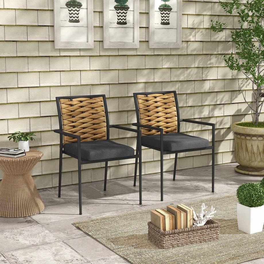 Northio 2Er-Set Rattan Gartenstuhl Gartensessel Set Mit Kissen, Stapelbarer Gartenstuhl, Balkonstuhl Für Terrasse, Stahl, 57 X 58 X 87 Cm, Schwarz  
