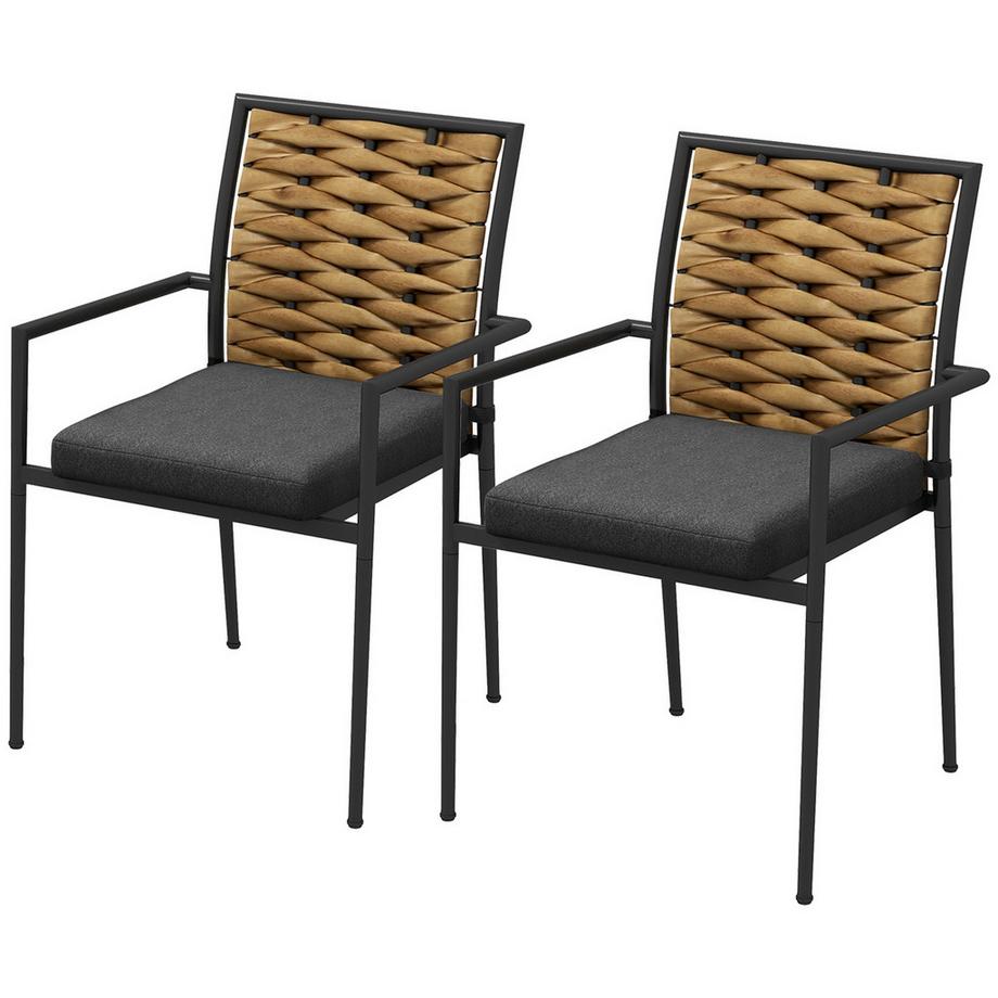 2Er-Set Rattan Gartenstuhl Gartensessel Set Mit Kissen, Stapelbarer Gartenstuhl, Balkonstuhl Für Terrasse, Stahl, 57 X 58 X 87 Cm, Schwarz