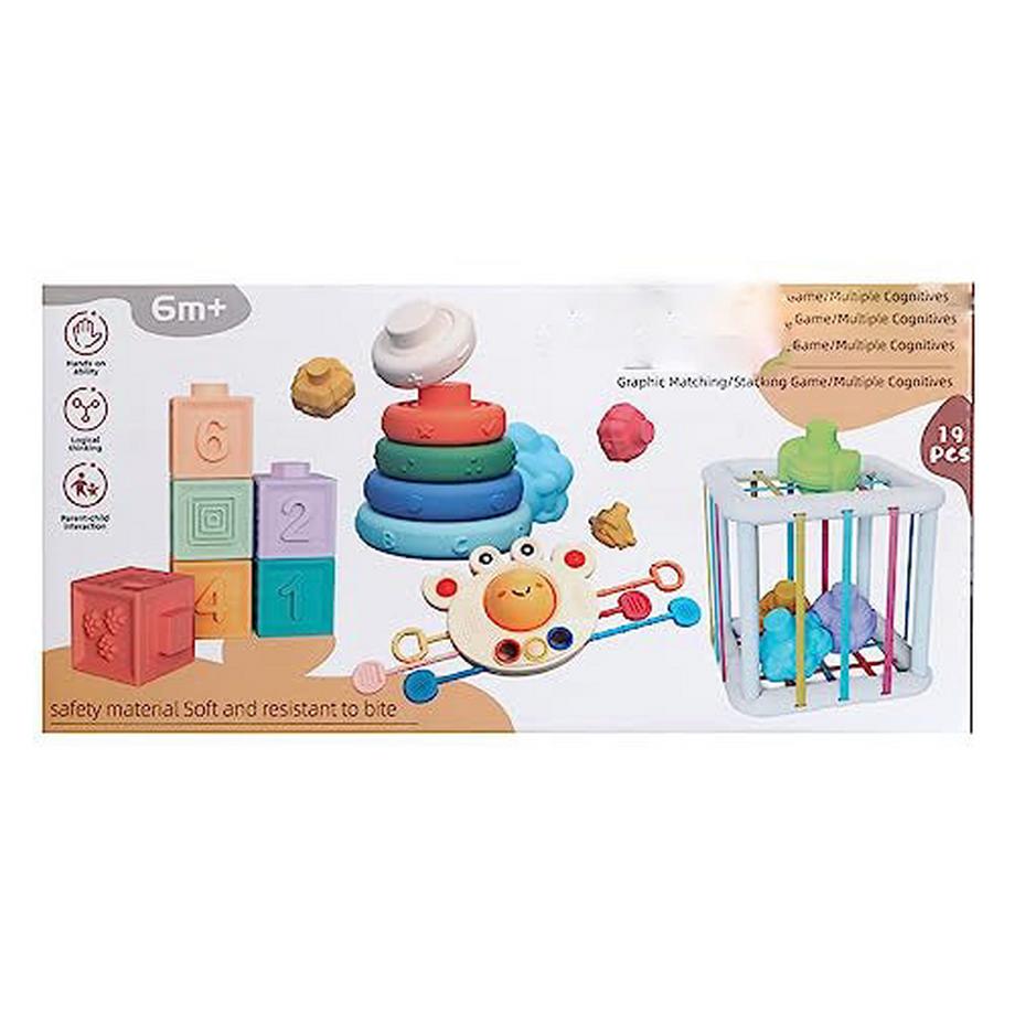 Activity-board  Jouets 4 en 1 pour bébé de 6 à 12 mois, jouets de traction de cordon sensoriel, blocs de construction de jeu à empiler, jouets d'apprentissage de cube de motricité 