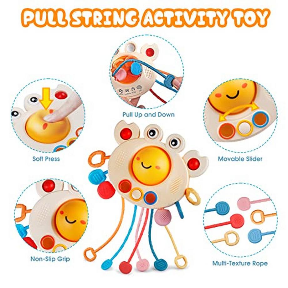 Activity-board  Jouets 4 en 1 pour bébé de 6 à 12 mois, jouets de traction de cordon sensoriel, blocs de construction de jeu à empiler, jouets d'apprentissage de cube de motricité 