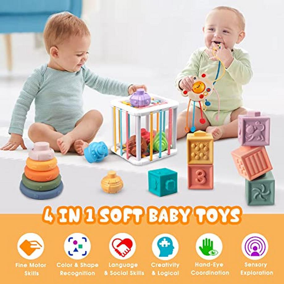 Activity-board  Jouets 4 en 1 pour bébé de 6 à 12 mois, jouets de traction de cordon sensoriel, blocs de construction de jeu à empiler, jouets d'apprentissage de cube de motricité 