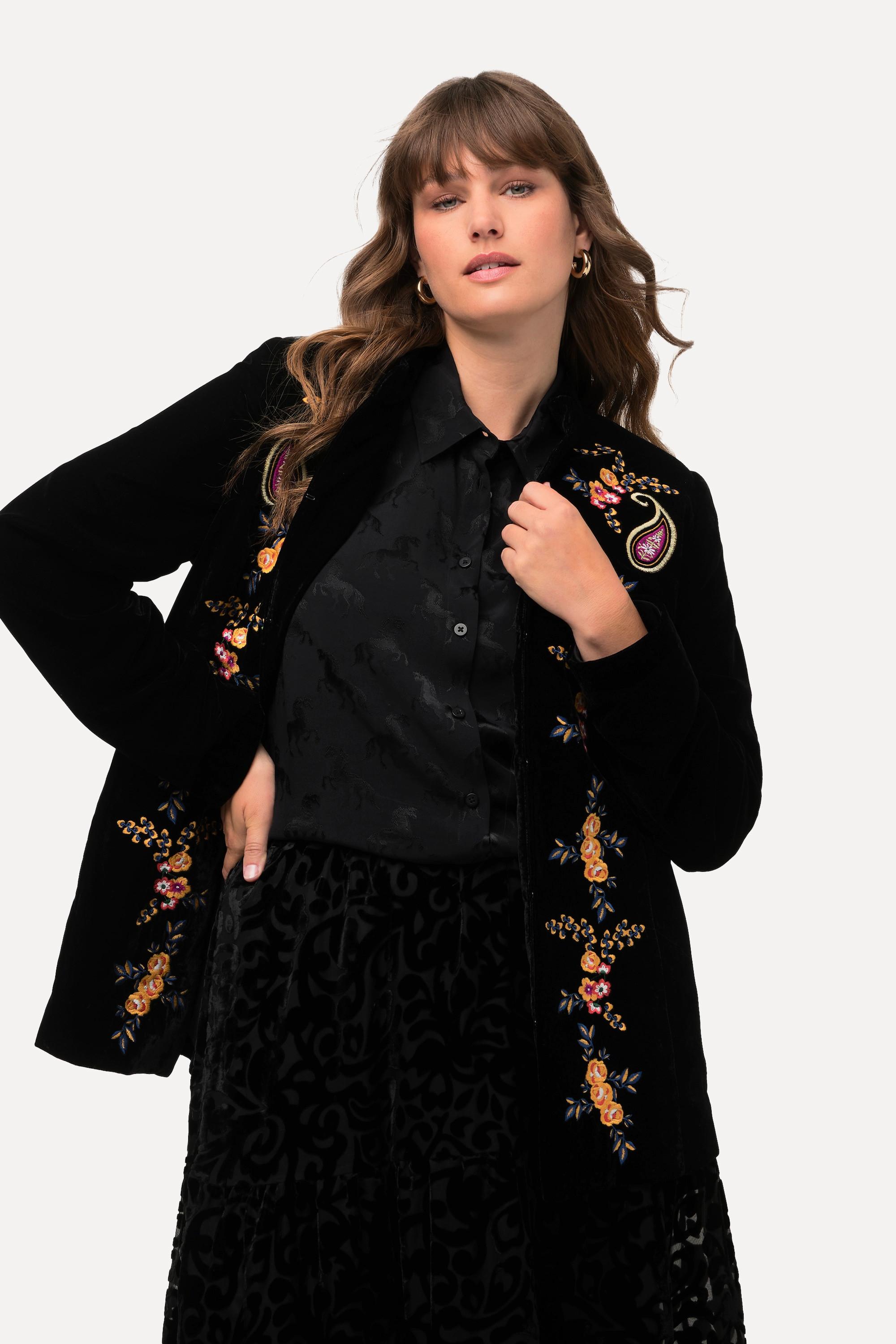 Ulla Popken  Blazer en velours à col montant et fermeture à agrafes, broderie florale 