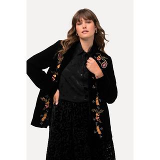 Ulla Popken  Blazer en velours à col montant et fermeture à agrafes, broderie florale 