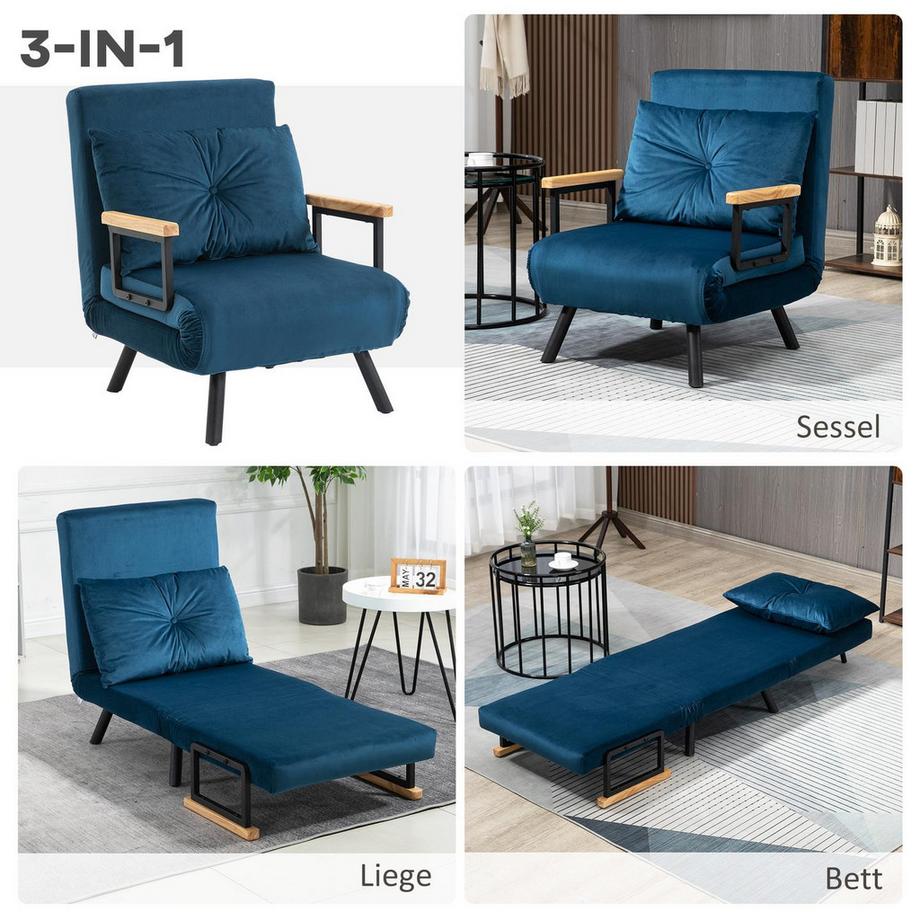 Northio Schlafsofa Relaxsessel Bettfunktion Gästebett Samt Rückenkissen Verstellbare Rückenlehne Blau 63X73X81Cm  