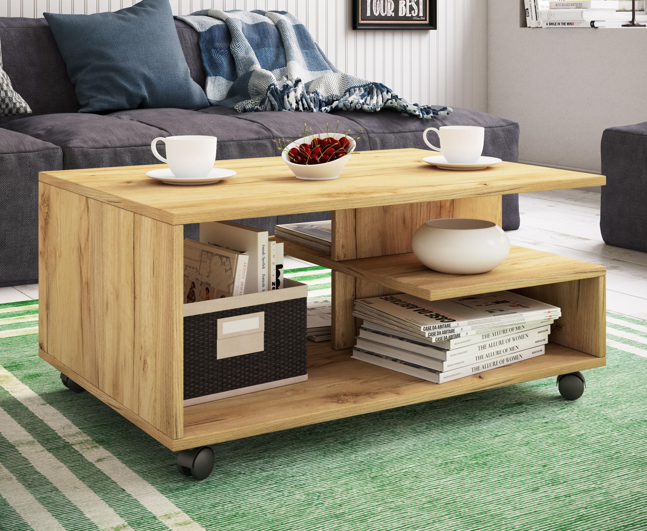 VCM Holz Couchtisch schlicht | Sofatisch Rollen | Maße ca. H. 41 x B. 80 x T. 50 cm | rollbar Kaffeetisch - Stango L  