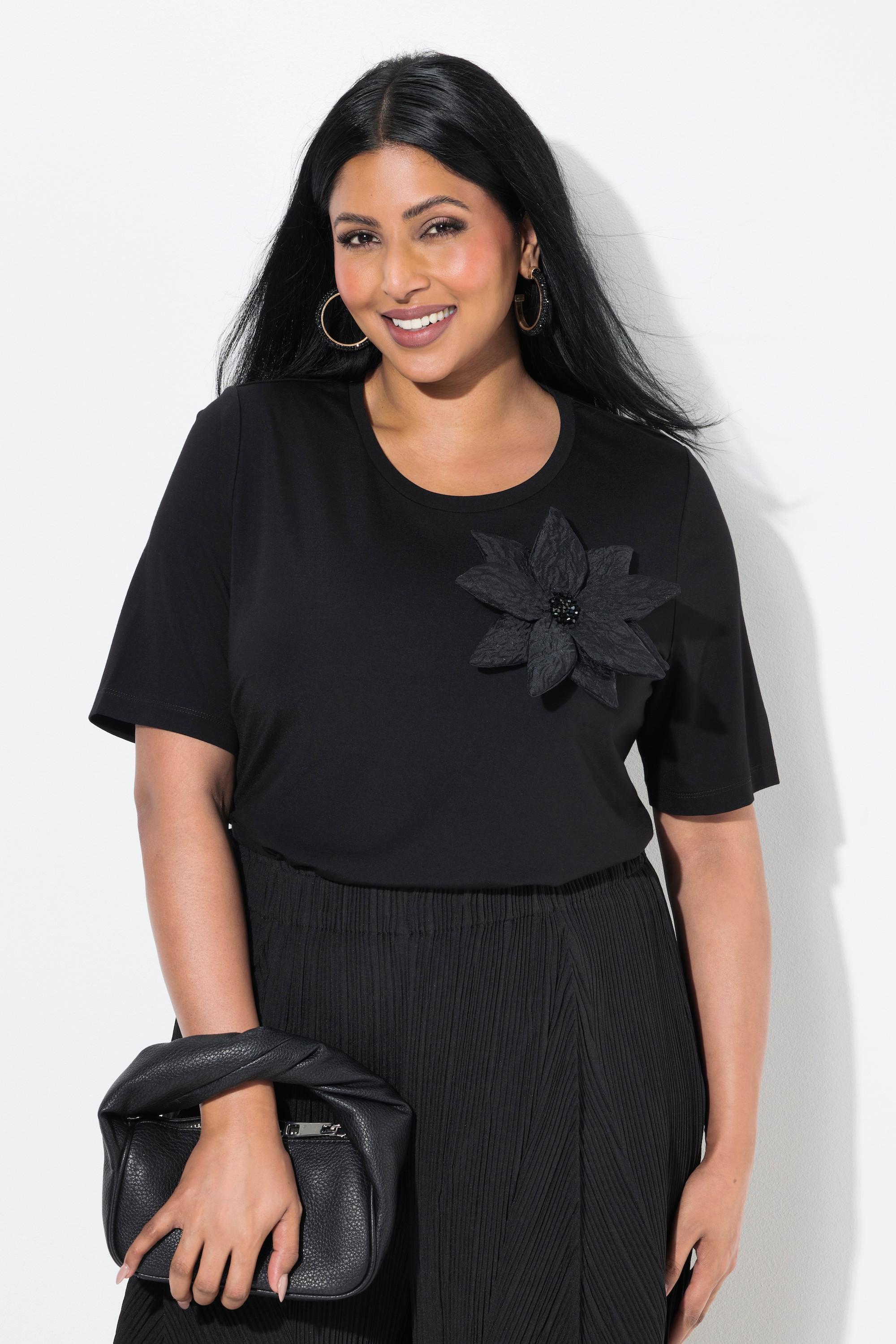 Ulla Popken T-Shirt Classica Girocollo Mezza Manica con Spilla Floreale  