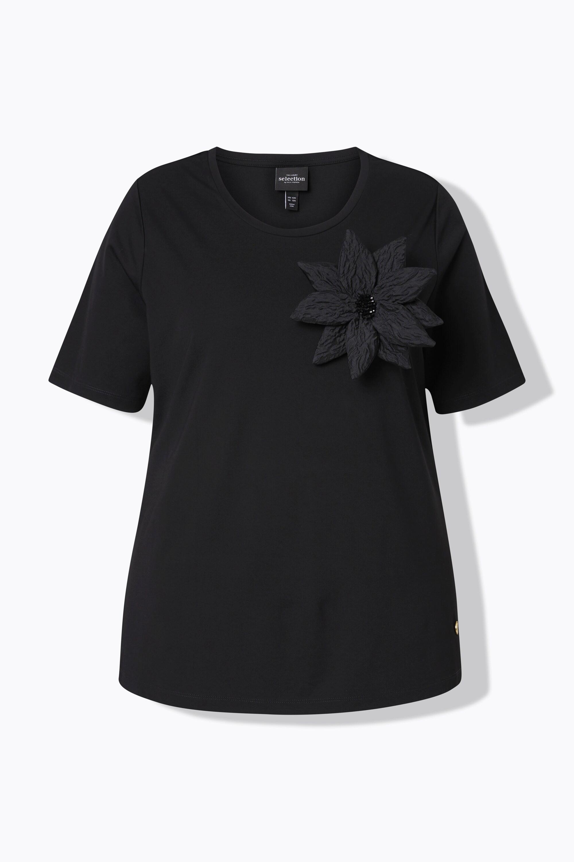 Ulla Popken T-Shirt Classica Girocollo Mezza Manica con Spilla Floreale  