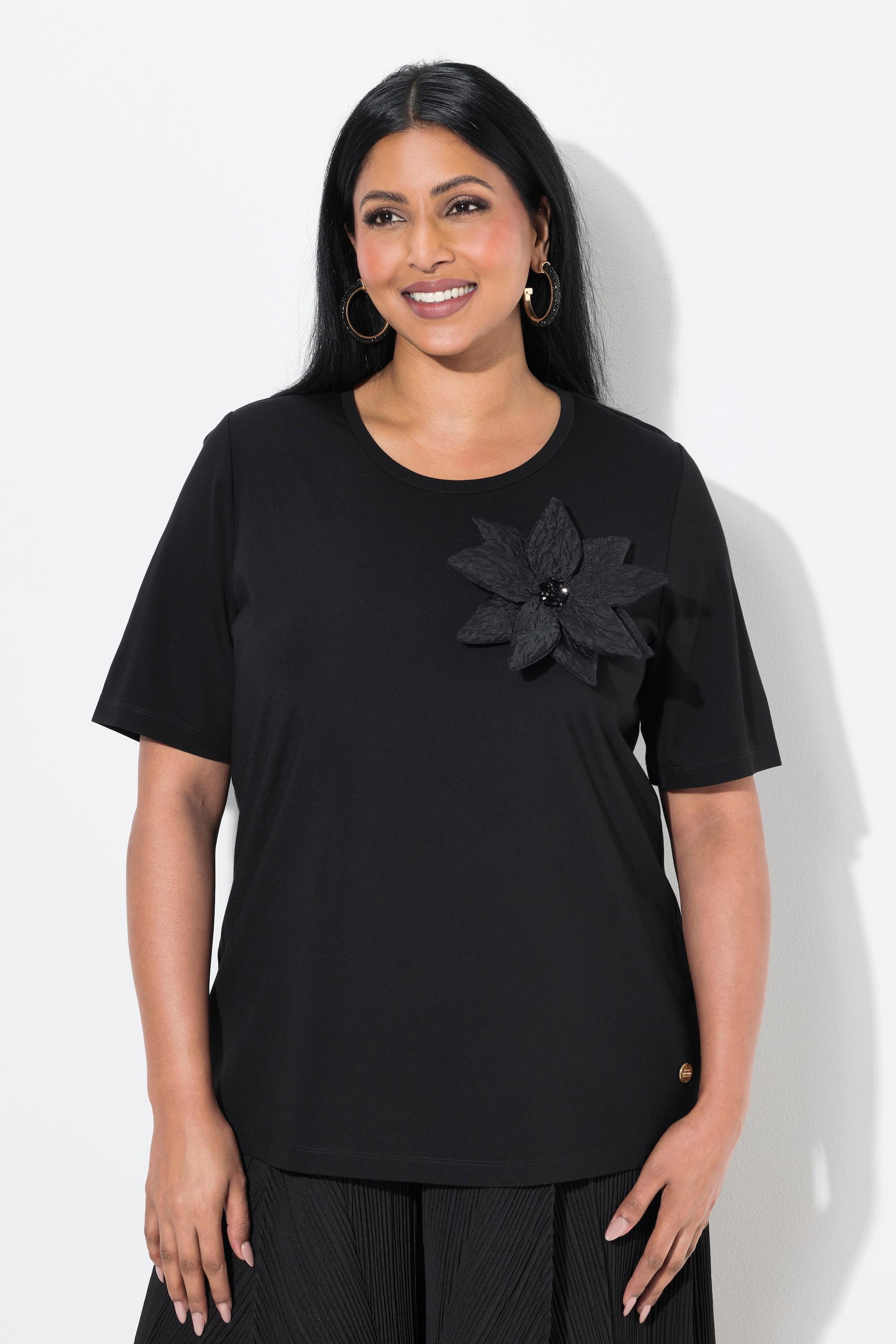 Ulla Popken T-Shirt Classica Girocollo Mezza Manica con Spilla Floreale  