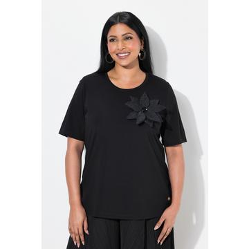 T-shirt classica con spilla floreale, scollo a girocollo e mezze maniche