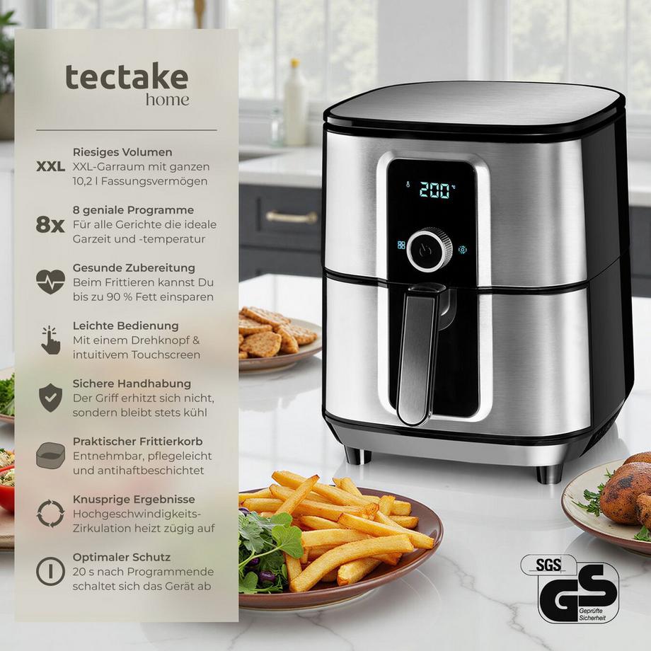 Tectake Heißluftfritteuse Ben 10,2 l, 1800 W LED-Touchscreen und Drehknopf mit 8 Programmen  