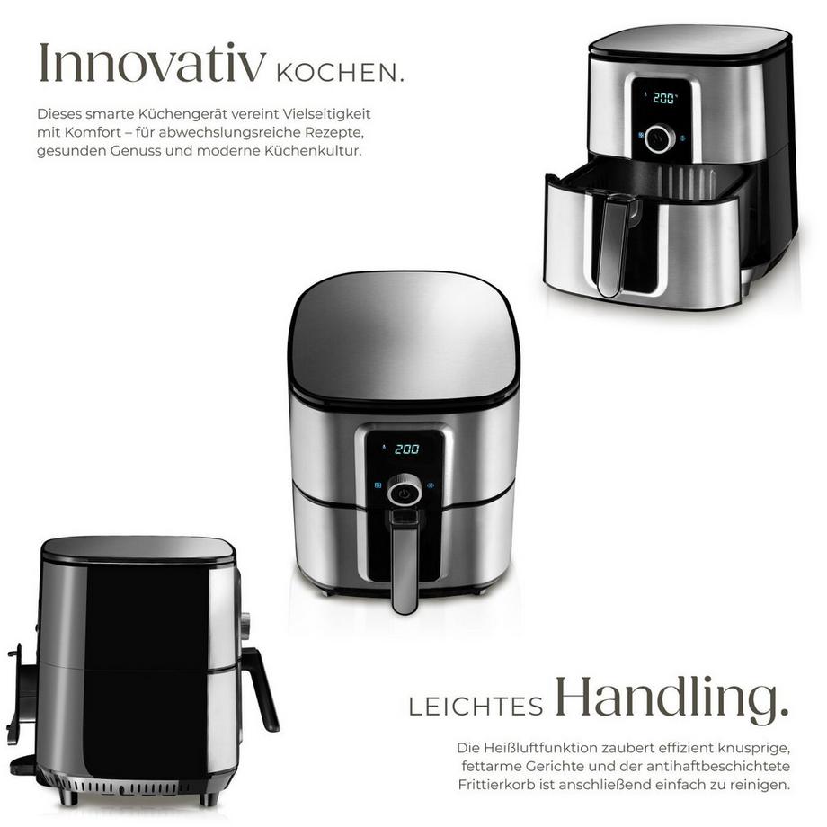 Tectake Heißluftfritteuse Ben 10,2 l, 1800 W LED-Touchscreen und Drehknopf mit 8 Programmen  