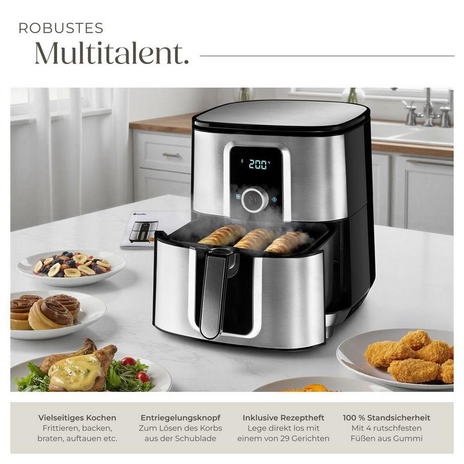 Tectake Heißluftfritteuse Ben 10,2 l, 1800 W LED-Touchscreen und Drehknopf mit 8 Programmen  