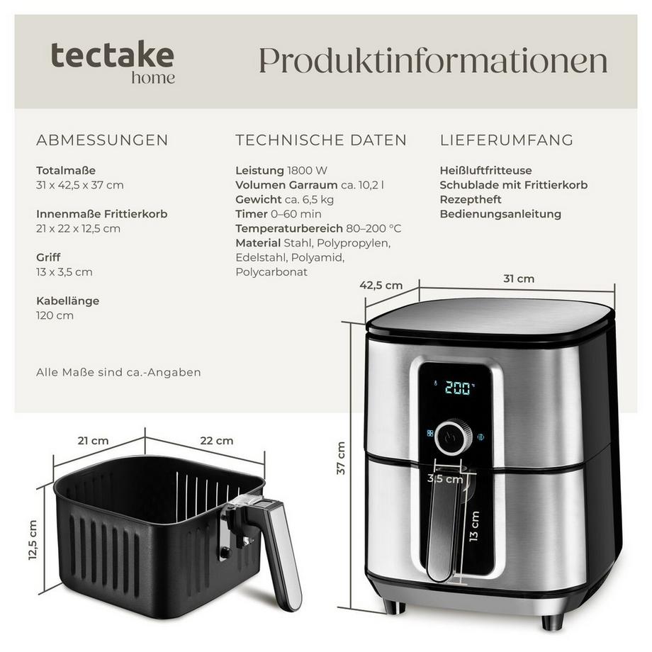 Tectake Heißluftfritteuse Ben 10,2 l, 1800 W LED-Touchscreen und Drehknopf mit 8 Programmen  