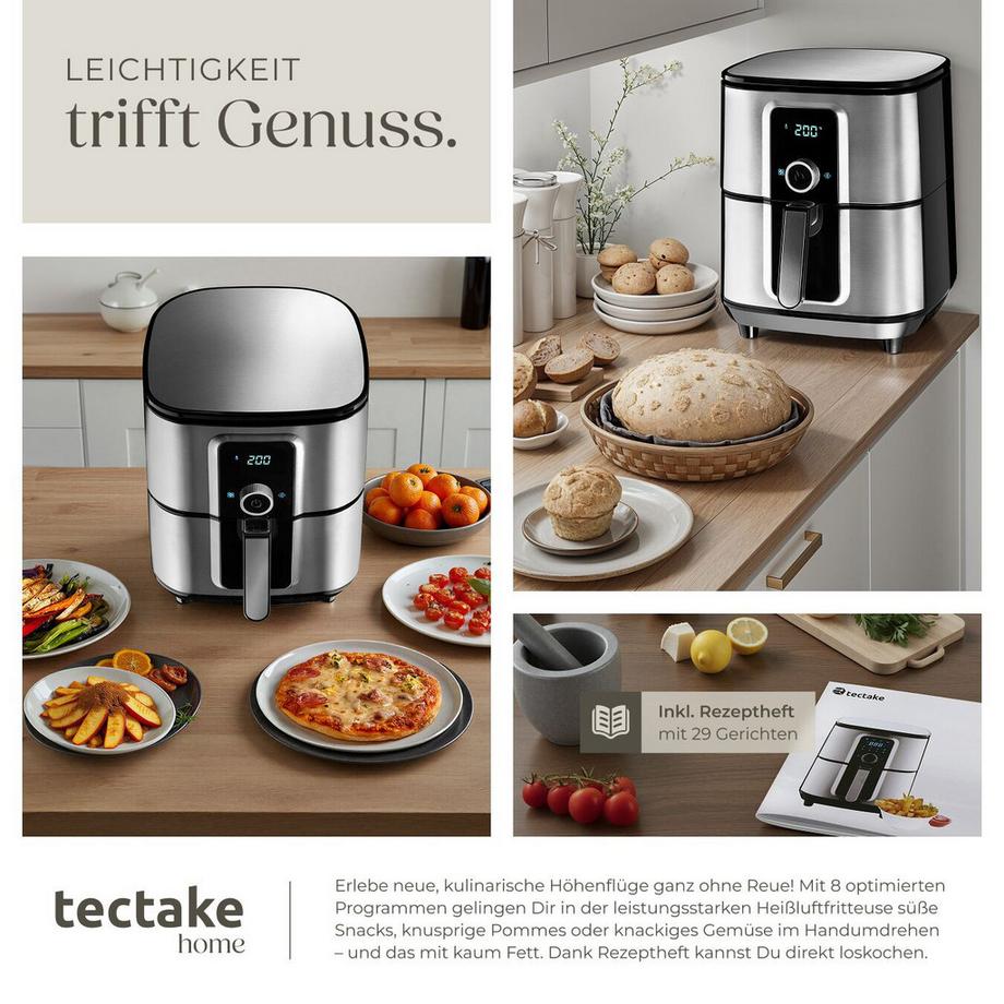 Tectake Heißluftfritteuse Ben 10,2 l, 1800 W LED-Touchscreen und Drehknopf mit 8 Programmen  
