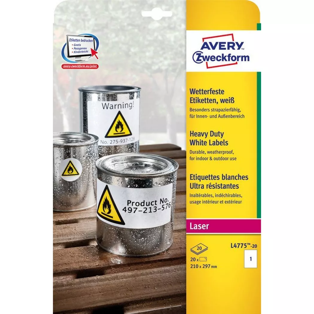 Avery-Zweckform – AVERY ZWECKFORM Laser-Etiketten 210x297mm, wetterfest 20 St., One Size, Weiss