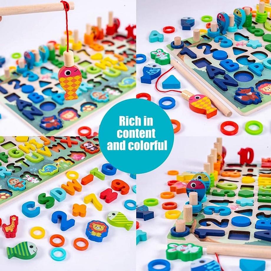Activity-board  Buchstaben-Zahlen-Spiele, Angelspiel aus Holz, Form- und Farberkennung, Geschicklichkeitsspiele, Lernspielzeug für Kinder, ABC-Spiel 