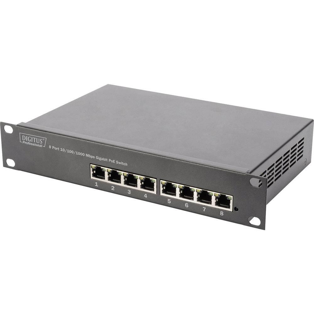 Digitus  Switch PoE Gigabit Ethernet 10″ 8 ports, 8 x 10/100/1000 Mbps, RJ45, PoE 96 W, avec angle de 10 