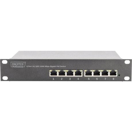 Digitus  Switch PoE Gigabit Ethernet 10″ 8 ports, 8 x 10/100/1000 Mbps, RJ45, PoE 96 W, avec angle de 10 