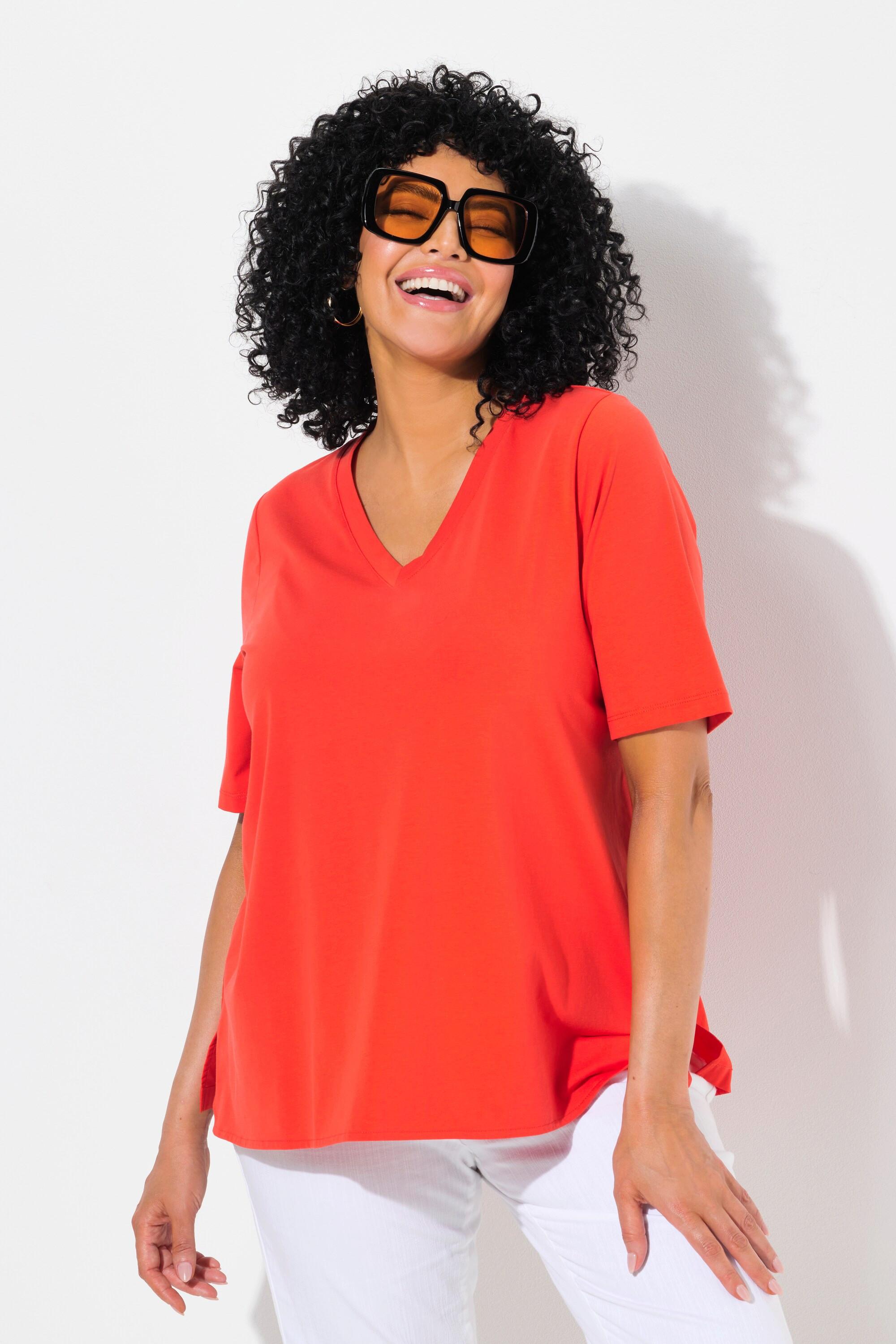 Ulla Popken T-shirt misto materiali linea ad A scollo a V mezze maniche  