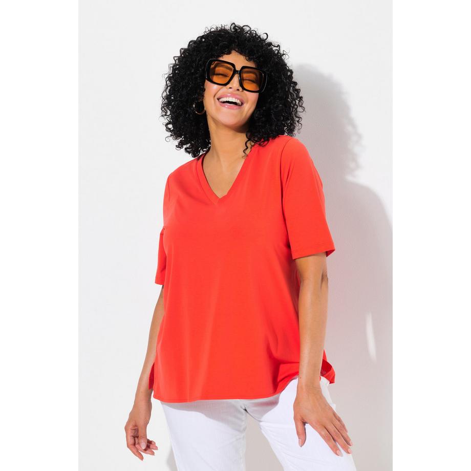 Ulla Popken Materialmix A-Linie V-Ausschnitt Halbarm T-Shirt  