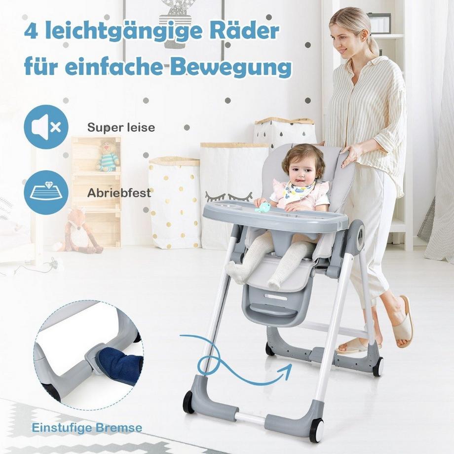 Northix  4 in 1 Baby Hochstuhl Kinderhochstuhl klappbar Babystuhl mit Liegefunktion 84 x 56 x 104 cm Grau 
