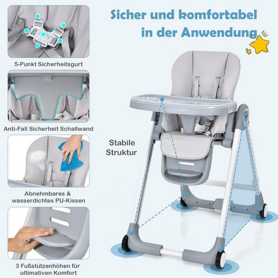 Northix  4 in 1 Baby Hochstuhl Kinderhochstuhl klappbar Babystuhl mit Liegefunktion 84 x 56 x 104 cm Grau 