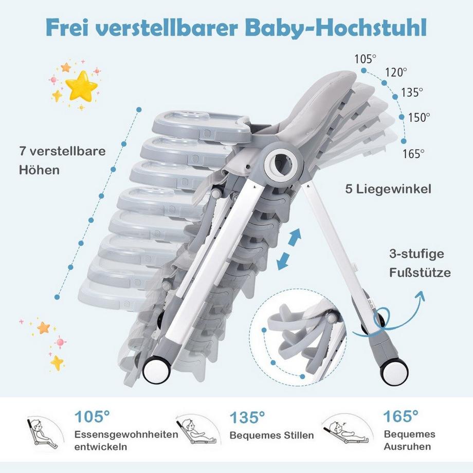 Northix  4 in 1 Baby Hochstuhl Kinderhochstuhl klappbar Babystuhl mit Liegefunktion 84 x 56 x 104 cm Grau 