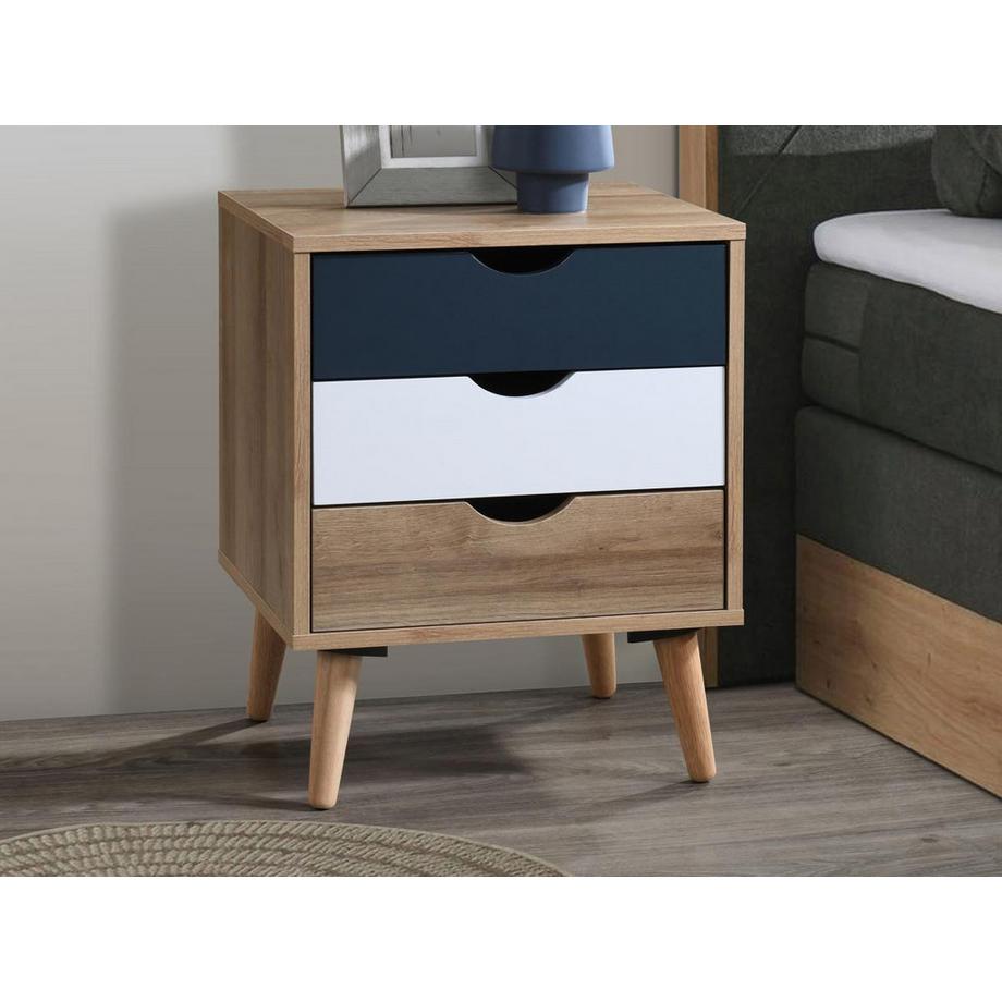 Vente-unique Lot de 2 tables de chevet avec 3 tiroirs - Coloris : Naturel, blanc et bleu marine - LURVIA  
