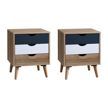 Lot de 2 tables de chevet avec 3 tiroirs - Coloris : Naturel, blanc et bleu marine - LURVIA