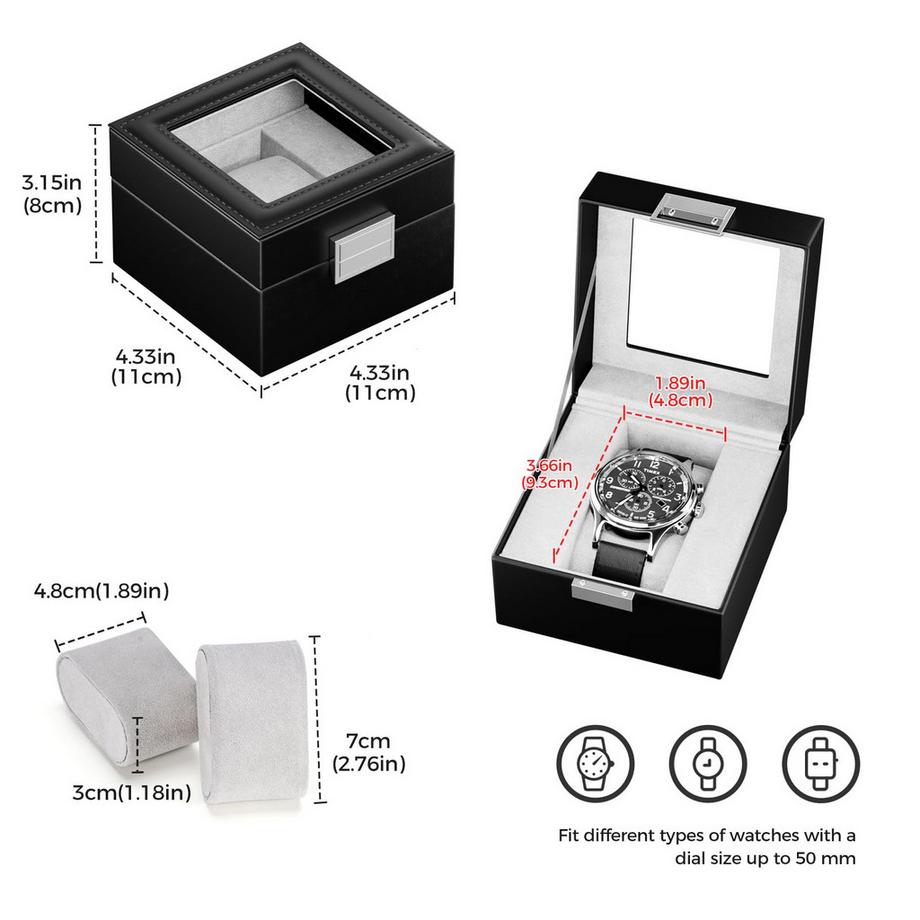 Only-bags.store  Uhrenbox mit 1 Fach, Uhrenbox mit Glasdeckel, Uhrenkoffer mit Uhrenkissen, Uhrenaufbewahrung 