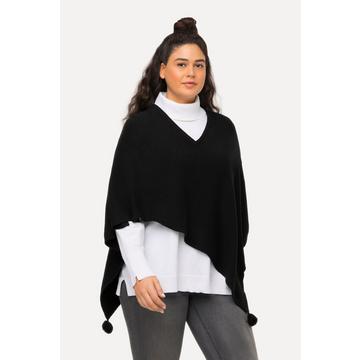 Poncho en maille, finition en pointe, pompon, col en V, sans manches