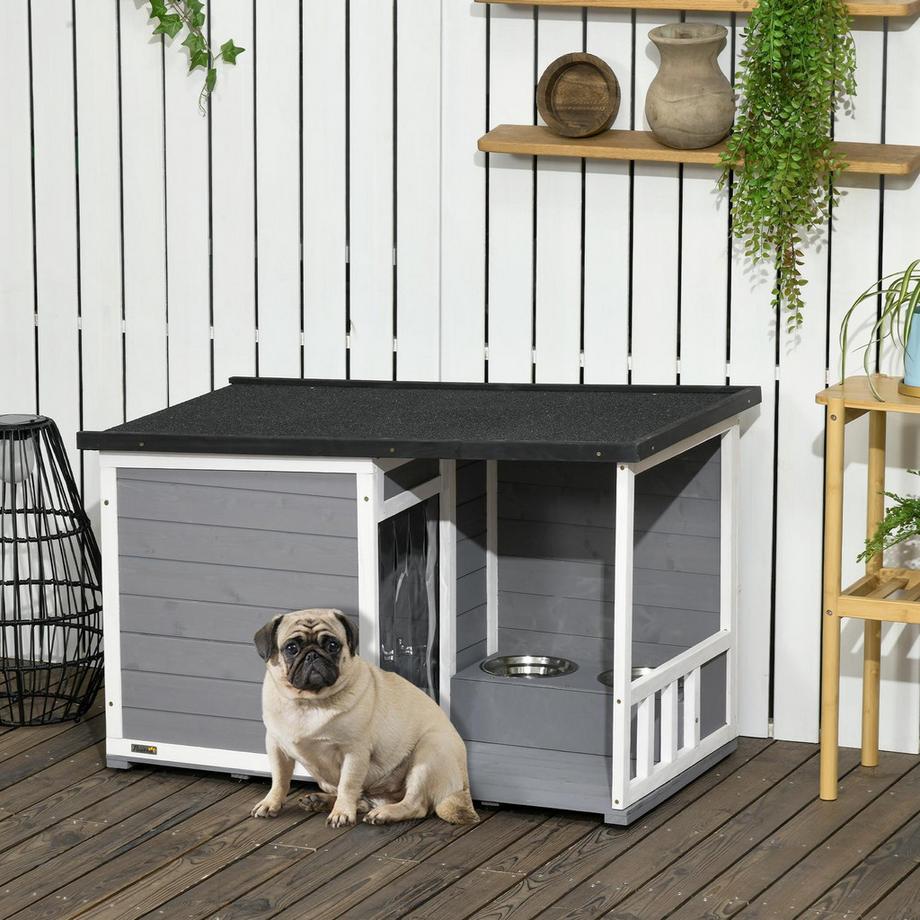 Northio  Niche Pour Chien Avec Terrasse En Bois De Sapin Avec 2 Gamelles Et Toit En Asphalte, Résistante Aux Intempéries, Gris, 103 X 62 X 60-66 Cm 
