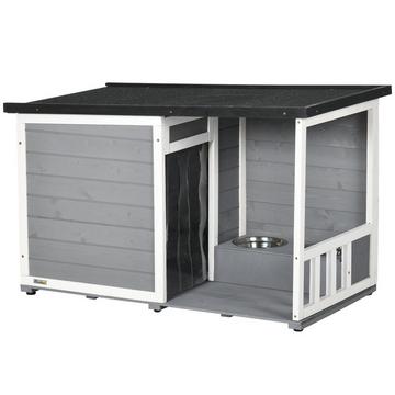 Hundehütte Mit Terrasse Tannenholz Hundehaus Mit 2 Schüsseln & Asphaltdach, Wetterbeständig, Grau, 103X62X60-66Cm