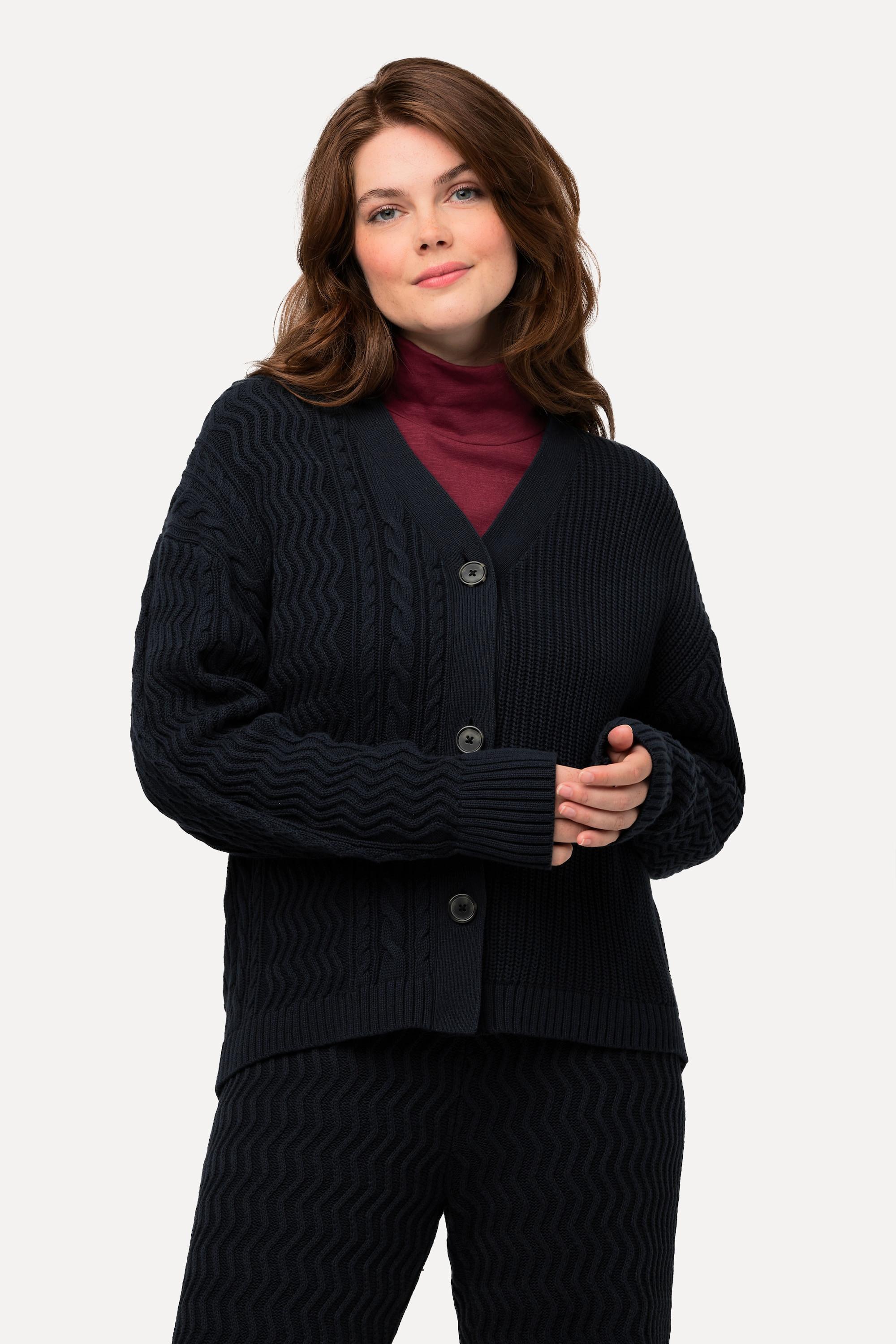 Ulla Popken  Cardigan en maille fantaisie, col en V et coton bio 