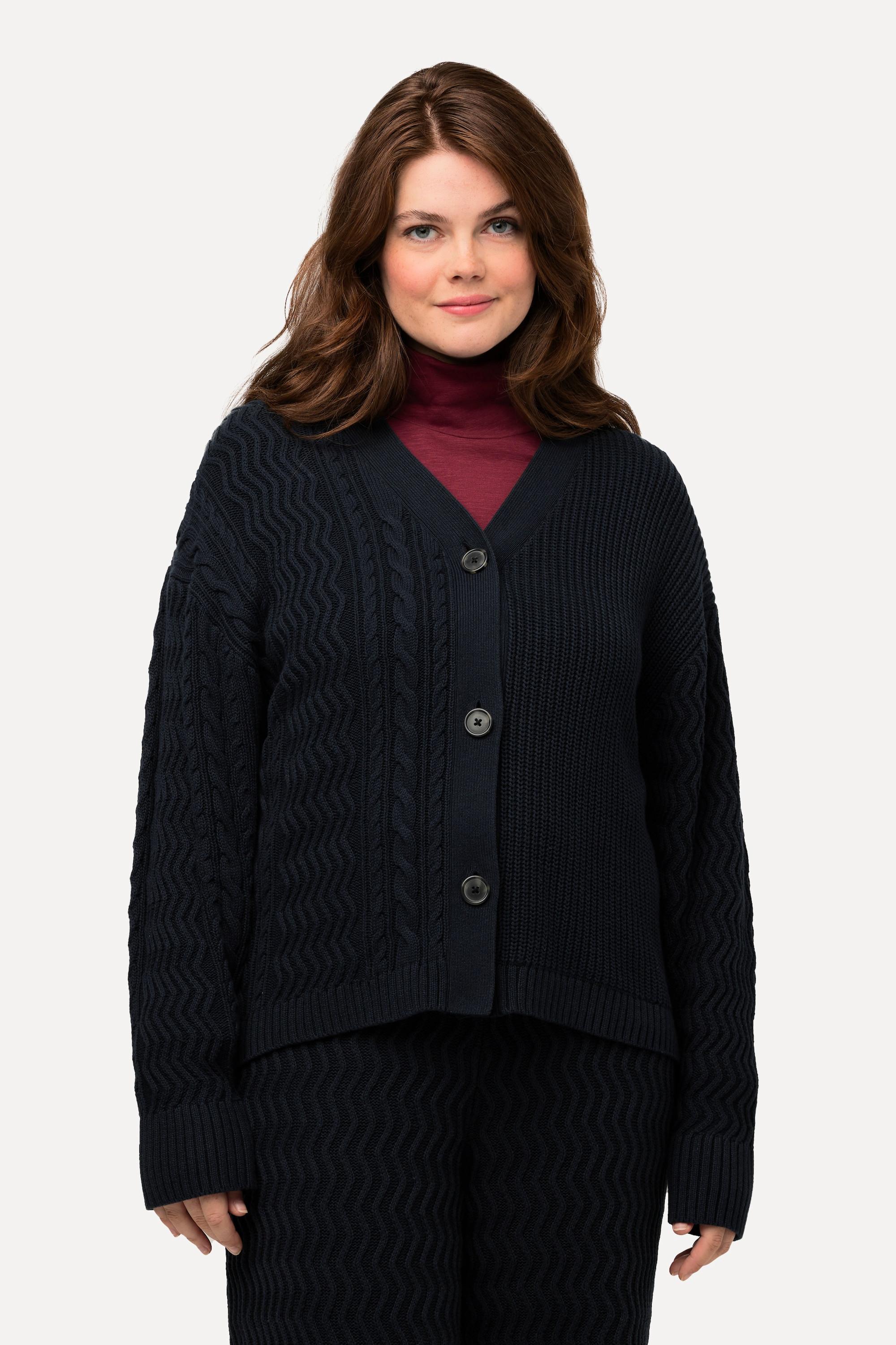 Ulla Popken  Cardigan en maille fantaisie, col en V et coton bio 